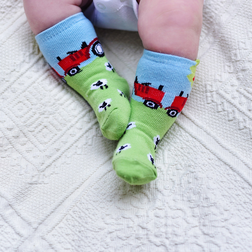 Baby socks with train design. CHILDREN'S TRACTOR & SHEEP SOCKS - 4 SIZES | POWELL CRAFT