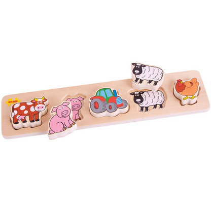 A wooden chunky puzzle with five pieces including representations of a pig, sheep, cow, car, and rabbit, designed for young children. CHUNKY LIFT & MATCH PUZZLE - FARM ANIMALS | BIGJIGS