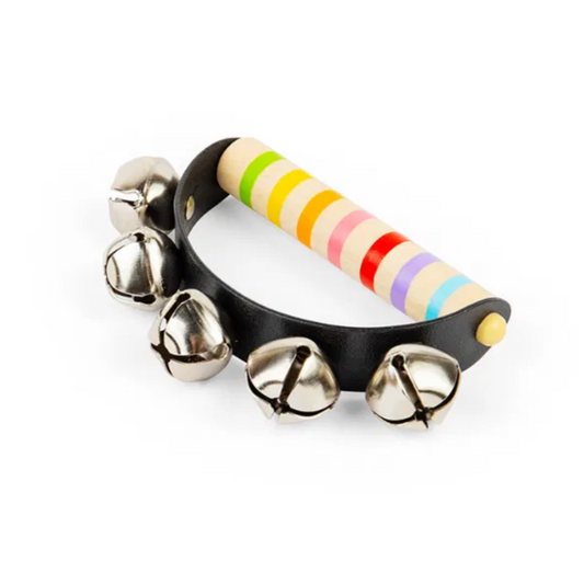 A set of handbells with a brightly colored wooden handle and multiple metal bells attached to a black band. COLOURFUL HANDBELLS | BIGJIGS