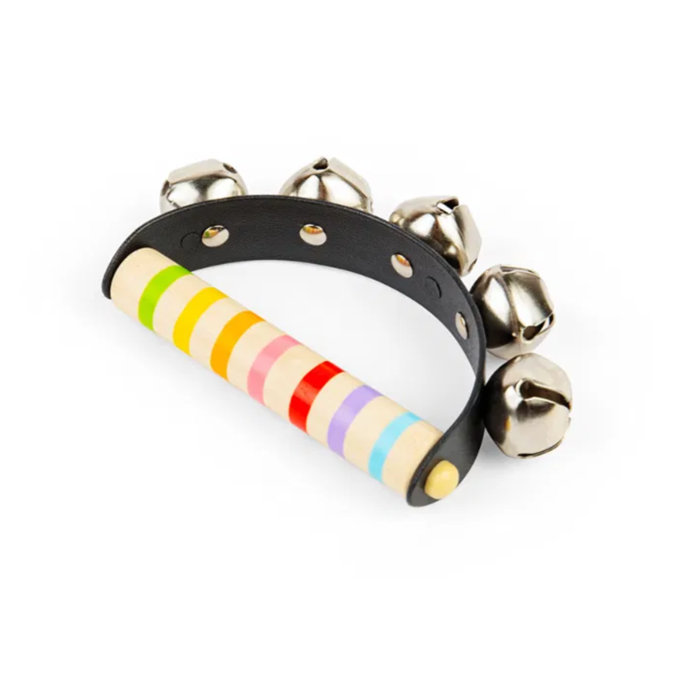 Colorful striped mallet with metal jingles on a white background COLOURFUL HANDBELLS | BIGJIGS