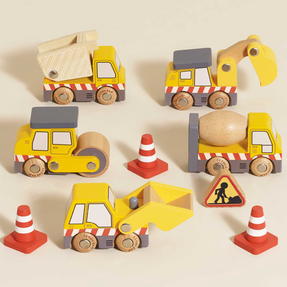 Set of wooden toy construction vehicles on a beige background. CONSTRUCTION WOODEN TOY CARS, TRUCKS & DIGGERS | LE TOY VAN