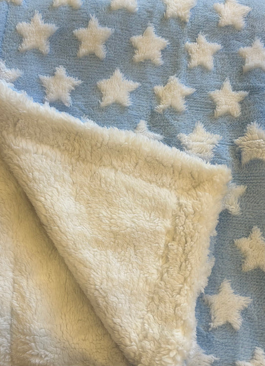 Baby blanket with star pattern on blue background. COSY BABY WRAP | BLUE FLEECE LINED STAR