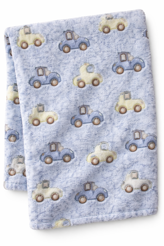 Flannel blanket with car pattern on a white background. COSY BABY WRAP | CARS & TRUCKS