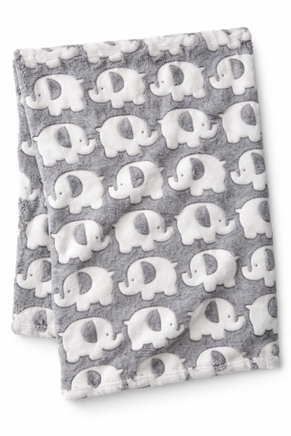 Gray blanket with white elephant pattern. COSY BABY WRAP | GREY ELEPHANT