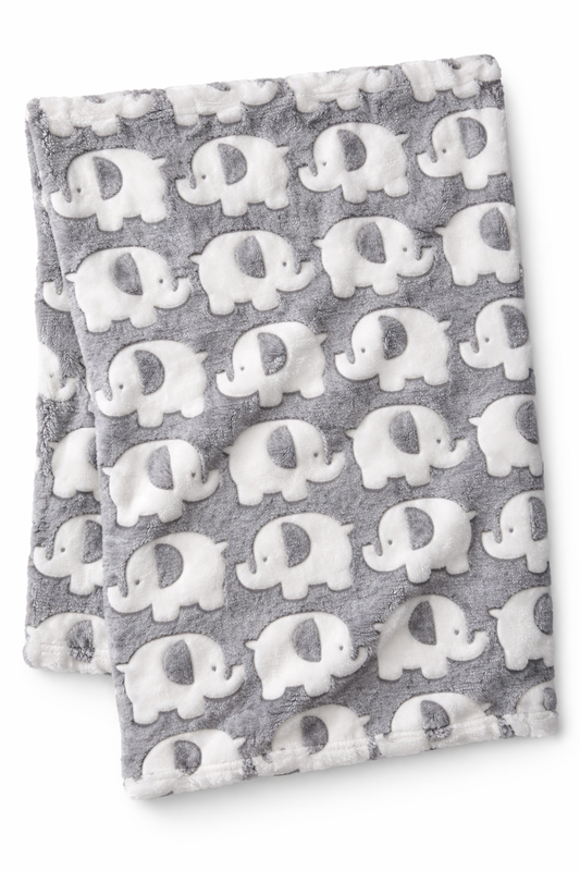 Gray blanket with white elephant pattern. COSY BABY WRAP | GREY ELEPHANT