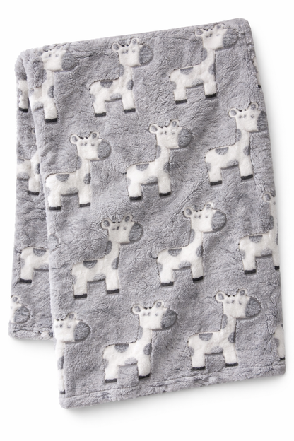 Two gray blankets with white animal pattern. COSY BABY WRAP | GREY GIRAFFE