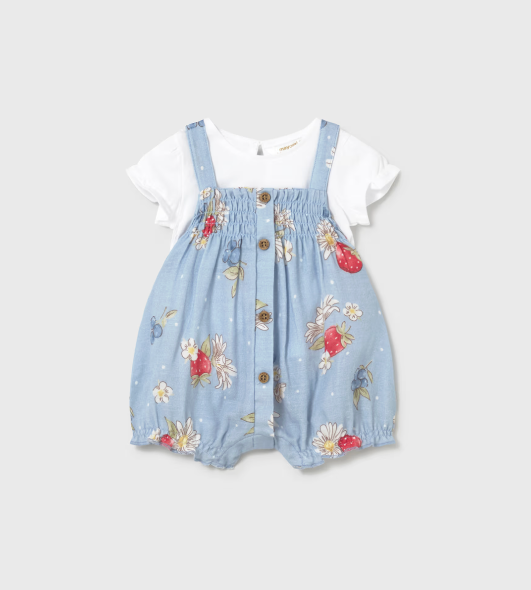 Children's outfit with floral blue romper and white shirt. COTTON BABY GIRLS STRAWBERRY ROMPER SET | MAYORAL