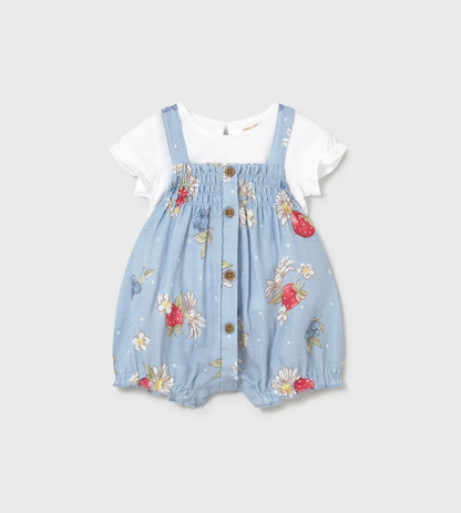 Children's outfit with floral blue romper and white shirt. COTTON BABY GIRLS STRAWBERRY ROMPER SET | MAYORAL