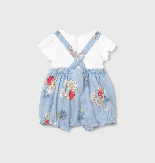 Baby outfit with white shirt, blue floral bloomers, and suspenders. COTTON BABY GIRLS STRAWBERRY ROMPER SET | MAYORAL