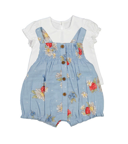 Girls Mayoral Children's outfit with floral blue strawberry romper. COTTON BABY GIRLS STRAWBERRY ROMPER SET | MAYORAL