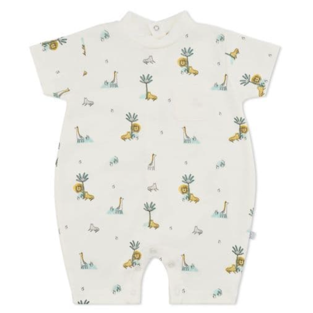 Baby romper with animal pattern on a white background. COTTON BABY ROMPER - JUNGLE FRIENDS | DANDELION