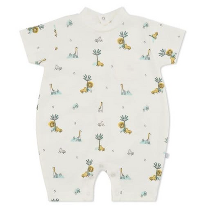 Baby romper with animal pattern on a white background. COTTON BABY ROMPER - JUNGLE FRIENDS | DANDELION
