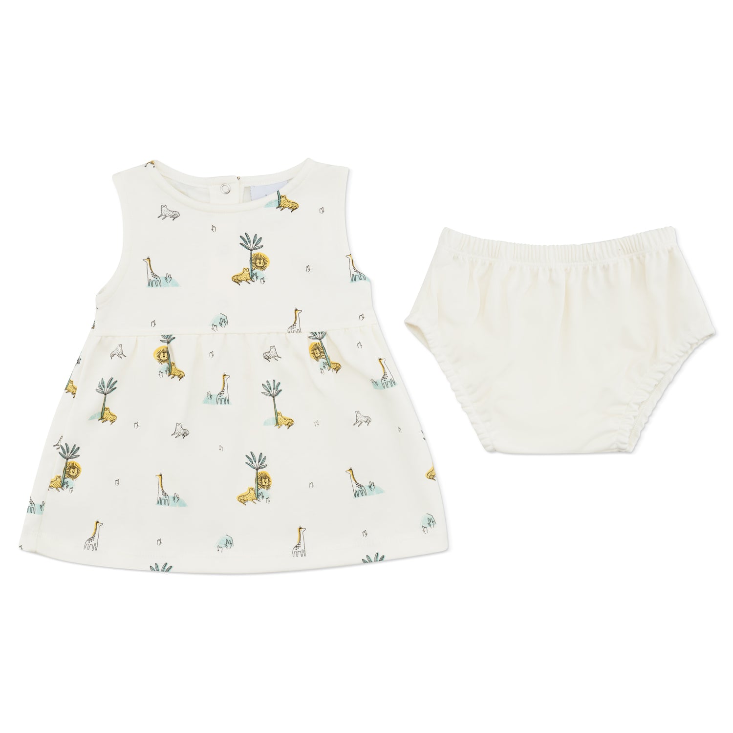 Baby dress and shorts set with animal prints on a white background. COTTON SUMMER DRESS & PANTS - JUNGLE FRIENDS | DANDELION 