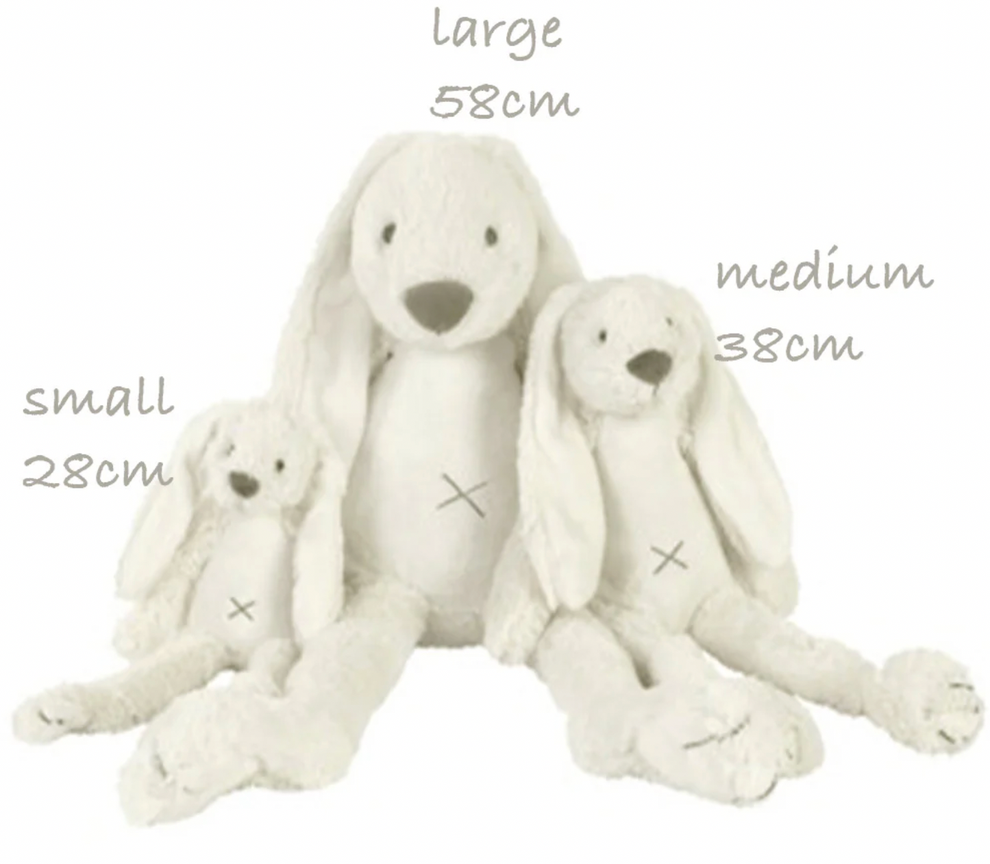Three white plush toys of different sizes with measurements. CUDDLY PLUSH RICHIE RABBIT BEIGE - 3 SIZES | HAPPY HORSE
