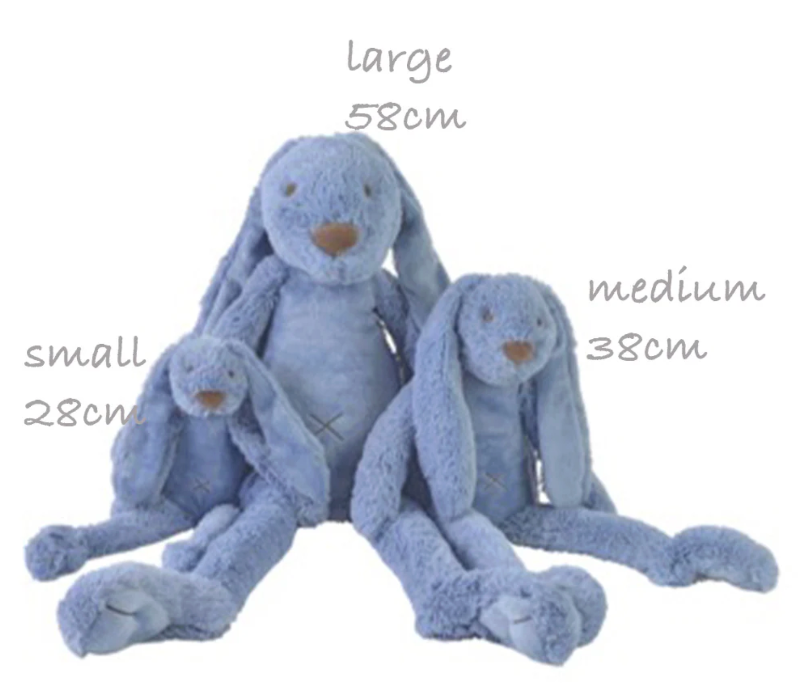 Three blue plush bunnies of different sizes on a white background with size labels. CUDDLY PLUSH RICHIE RABBIT DEEP BLUE - 3 SIZES | HAPPY HORSE