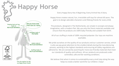 Happy Horse brand information card — sustainability diagram showing recycled materials used in hangtag hook, FSC paper hangtag, recycled labels and recycled polyester stuffing, with Happy Horse brand story text and FSC certification logo