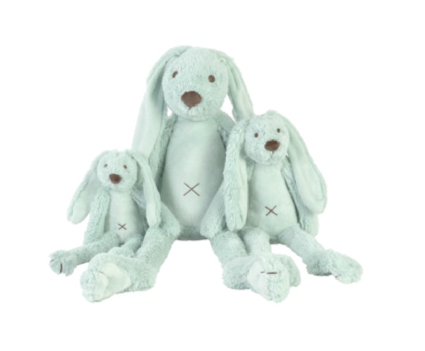 Three light blue plush toys with long ears. CUDDLY PLUSH RICHIE RABBIT IN LAGOON - 3 SIZES | HAPPY HORSE