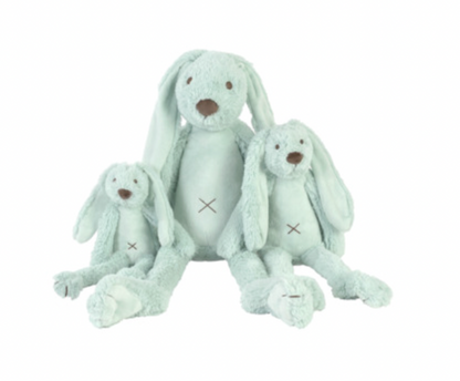 Three light blue plush toys with long ears. CUDDLY PLUSH RICHIE RABBIT IN LAGOON - 3 SIZES | HAPPY HORSE