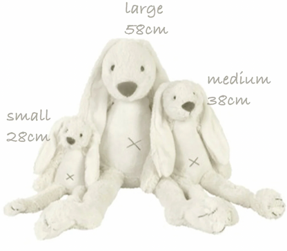 Three white plush toys of different sizes with measurements. CUDDLY PLUSH RICHIE RABBIT IN OLD PINK - 3 SIZES | HAPPY HORSE