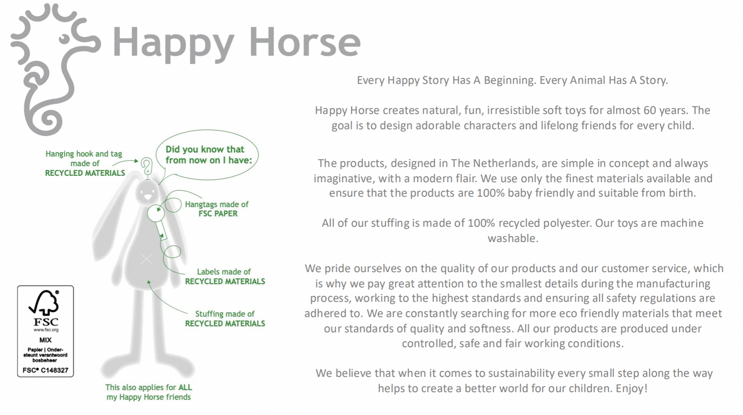 Happy Horse toy company description with branding and sustainability information. CUDDLY PLUSH RICHIE RABBIT IN OLD PINK - 3 SIZES | HAPPY HORSE