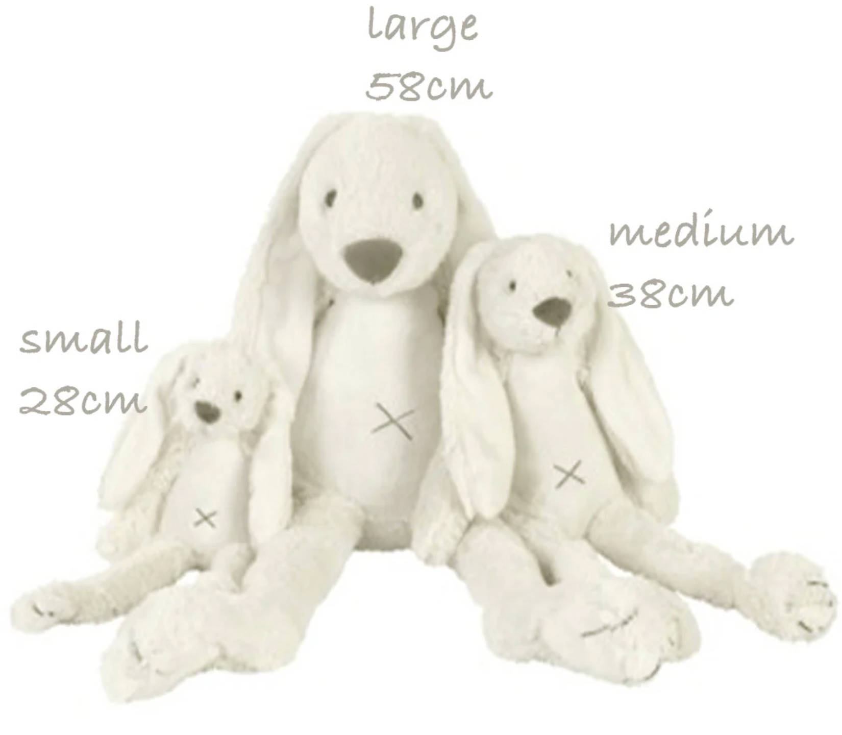 Three white plush toys of different sizes with measurements. CUDDLY PLUSH RICHIE RABBIT IN WHITE - 3 SIZES | HAPPY HORSE