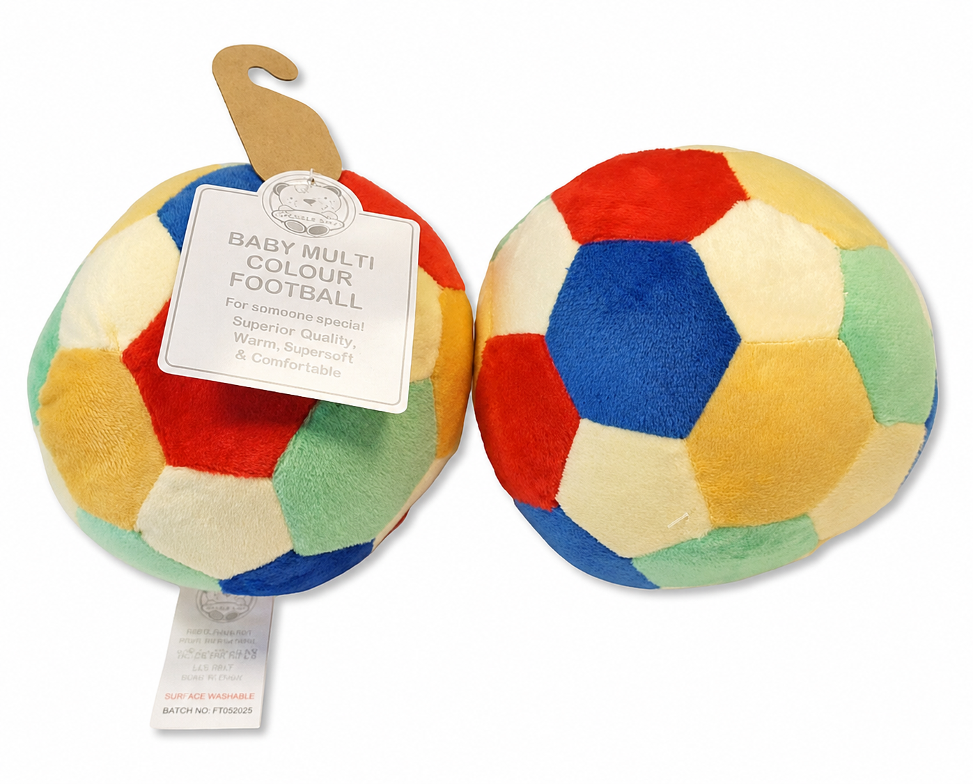 Snuggle Baby baby multicolour soft plush football with rattle — two views showing the football-shaped hexagonal panel construction in red, blue, yellow, cream, green and teal panels, with Snuggle Baby swing tag; surface washable, 14cm diameter