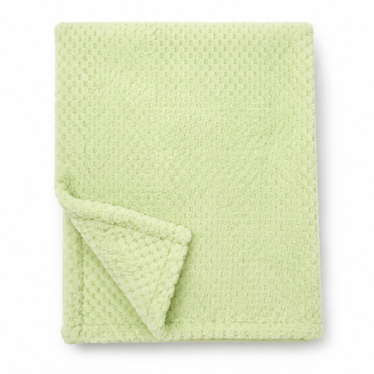 Snuggle Baby moss green cosy baby wrap — folded soft fleece wrap with waffle honeycomb texture throughout in a soft mint-green, showing corner turned back to reveal the texture detail, on white background
