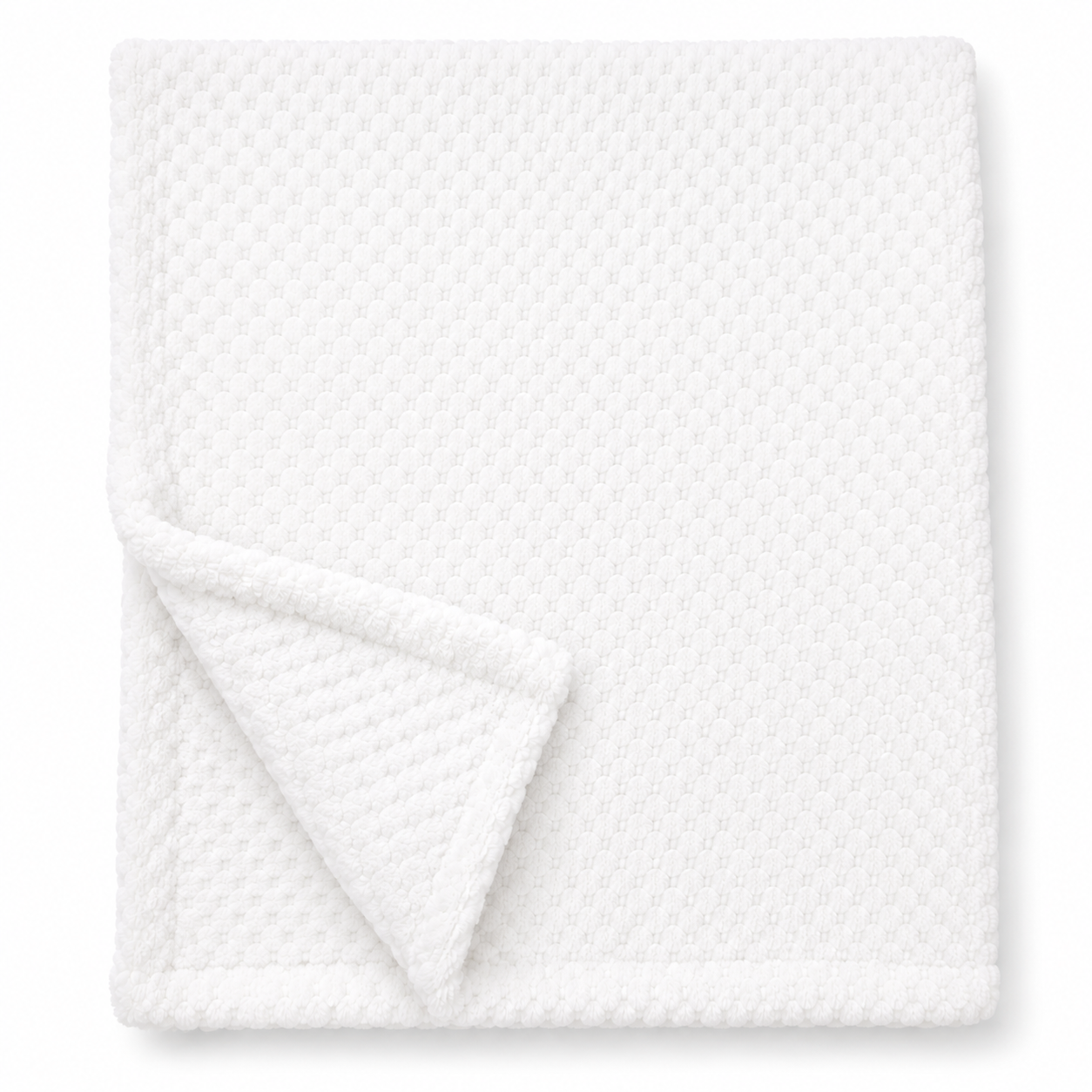Snuggle Baby classic white cosy baby wrap — folded soft fleece wrap with waffle honeycomb texture throughout in bright white, showing corner turned back to reveal the texture detail, on white background