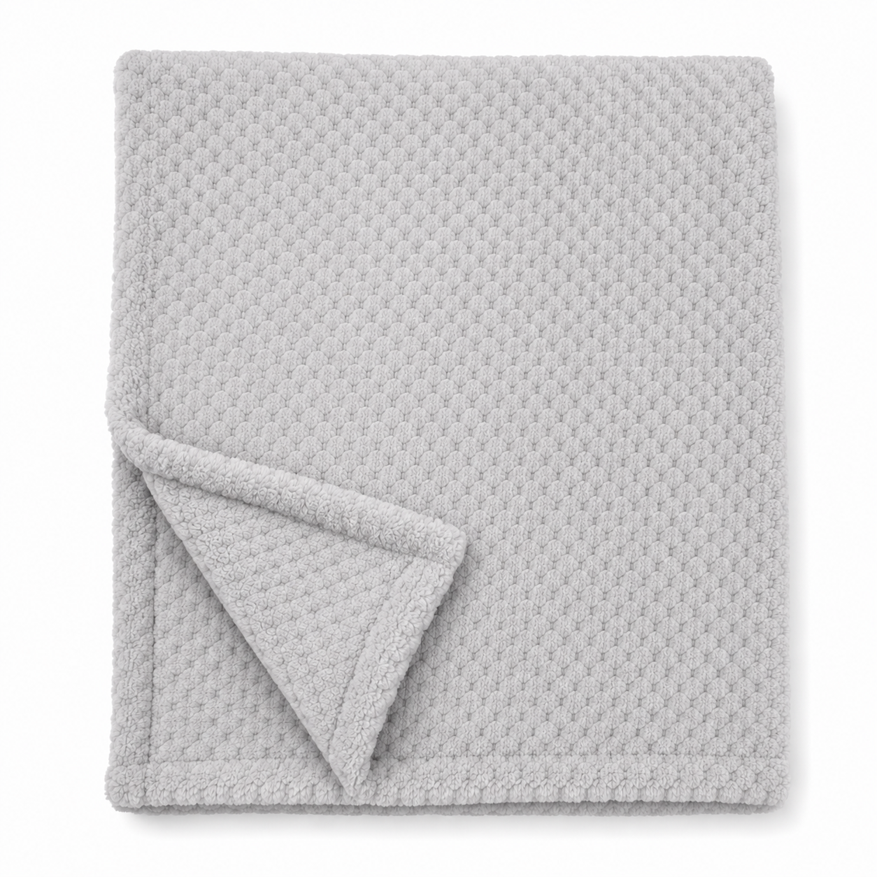 Snuggle Baby neutral plain grey cosy baby wrap — folded soft fleece wrap with waffle honeycomb texture throughout in a soft light grey, showing corner turned back to reveal the texture detail, on white background