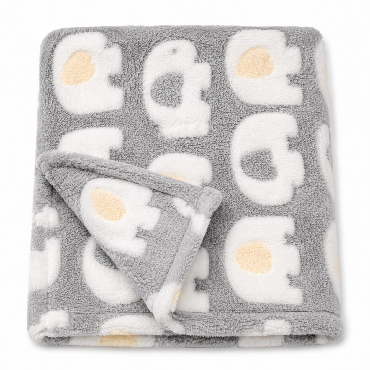 Snuggle Baby grey and lemon elephant cosy baby wrap — folded soft shaggy plush fleece wrap showing large-scale raised 3D white elephant silhouettes with lemon yellow ear details on a grey background, corner turned back to reveal the texture, on white background