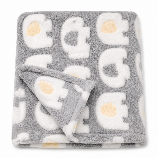 Snuggle Baby grey and lemon elephant cosy baby wrap — folded soft shaggy plush fleece wrap showing large-scale raised 3D white elephant silhouettes with lemon yellow ear details on a grey background, corner turned back to reveal the texture, on white background