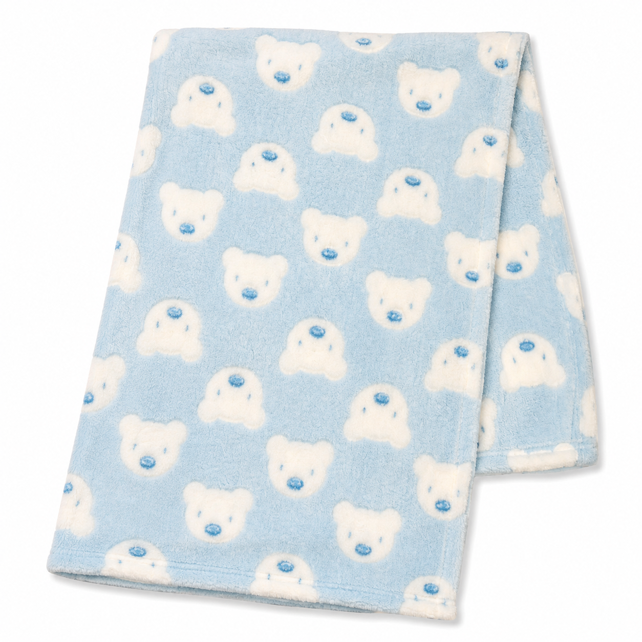 Snuggle Baby blue teddy cosy baby wrap — soft shaggy plush fleece wrap in baby blue with all-over raised white teddy bear face print, each bear with a blue nose and stitched features, folded and draped on white background