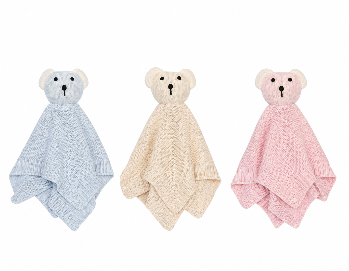Cute & Co knitted bamboo teddy bear comforter — all three colour variants side by side: pale blue, natural cream and soft pink; each showing the 3D teddy bear head with cream knitted face, round ears and black embroidered eyes and nose, attached to a diamond basket-weave knit security blanket with ribbed border edges; 28x28cm