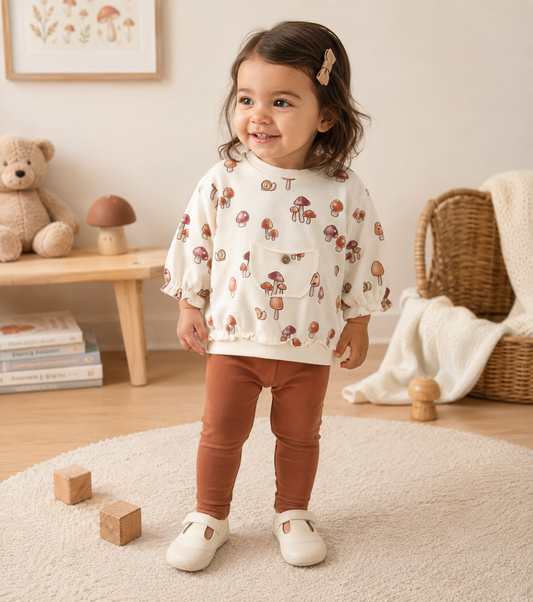 Toddler girl standing on cream rug; full set worn; mushroom print and scalloped hem clearly visible; wooden button pocket; terracotta leggings; framed mushroom botanical print on the wall behind. 