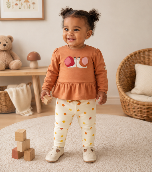 Lifestyle — toddler girl; same Scandi nursery setting as mushroom set; full set worn; snail appliqué, frill and bow all visible.