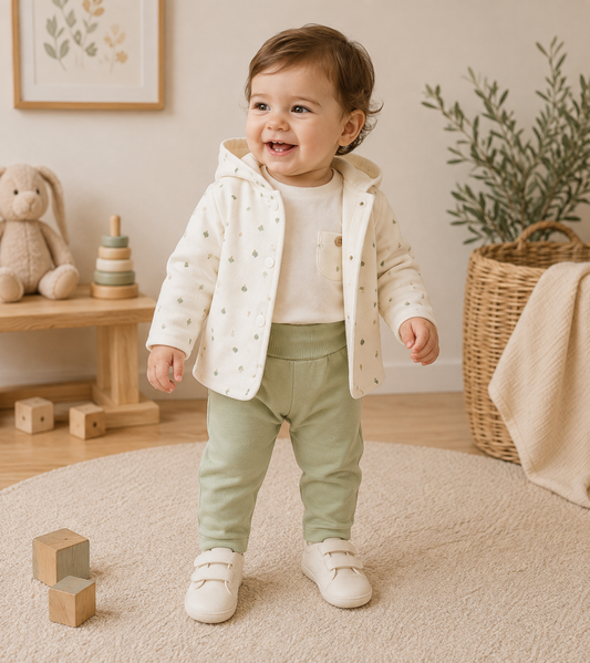Baby boy, approximately 10–14 months, standing on cream rug; all three pieces worn and layered — acorn print hoodie open over the white tee with wooden button pocket clearly visible, sage green trousers with fold-over ribbed waistband prominent; white velcro trainers; natural nursery setting with bunny, stacking toy, wooden blocks, wicker basket and framed botanical print. 