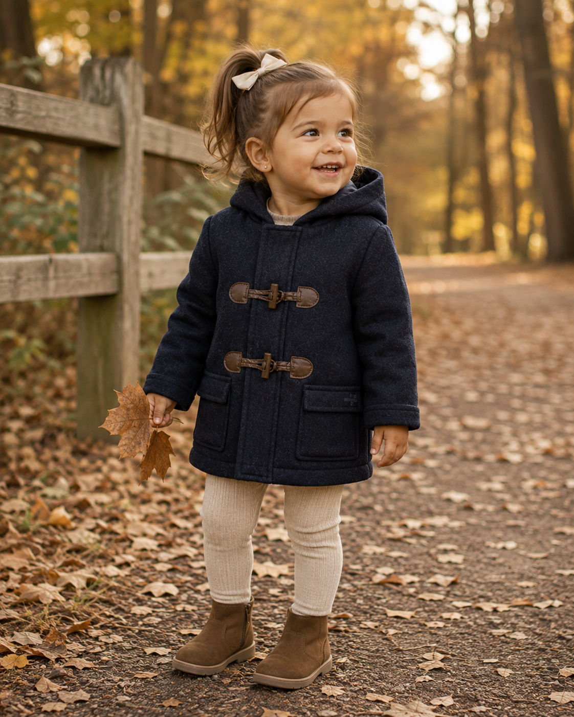 Toddler girl, approximately 2–3 years; same woodland location; coat open, toggles visible; holding a dried maple leaf; cream ribbed leggings and tan Chelsea boots; cream satin bow in ponytail; same background confirming unisex versatility.

