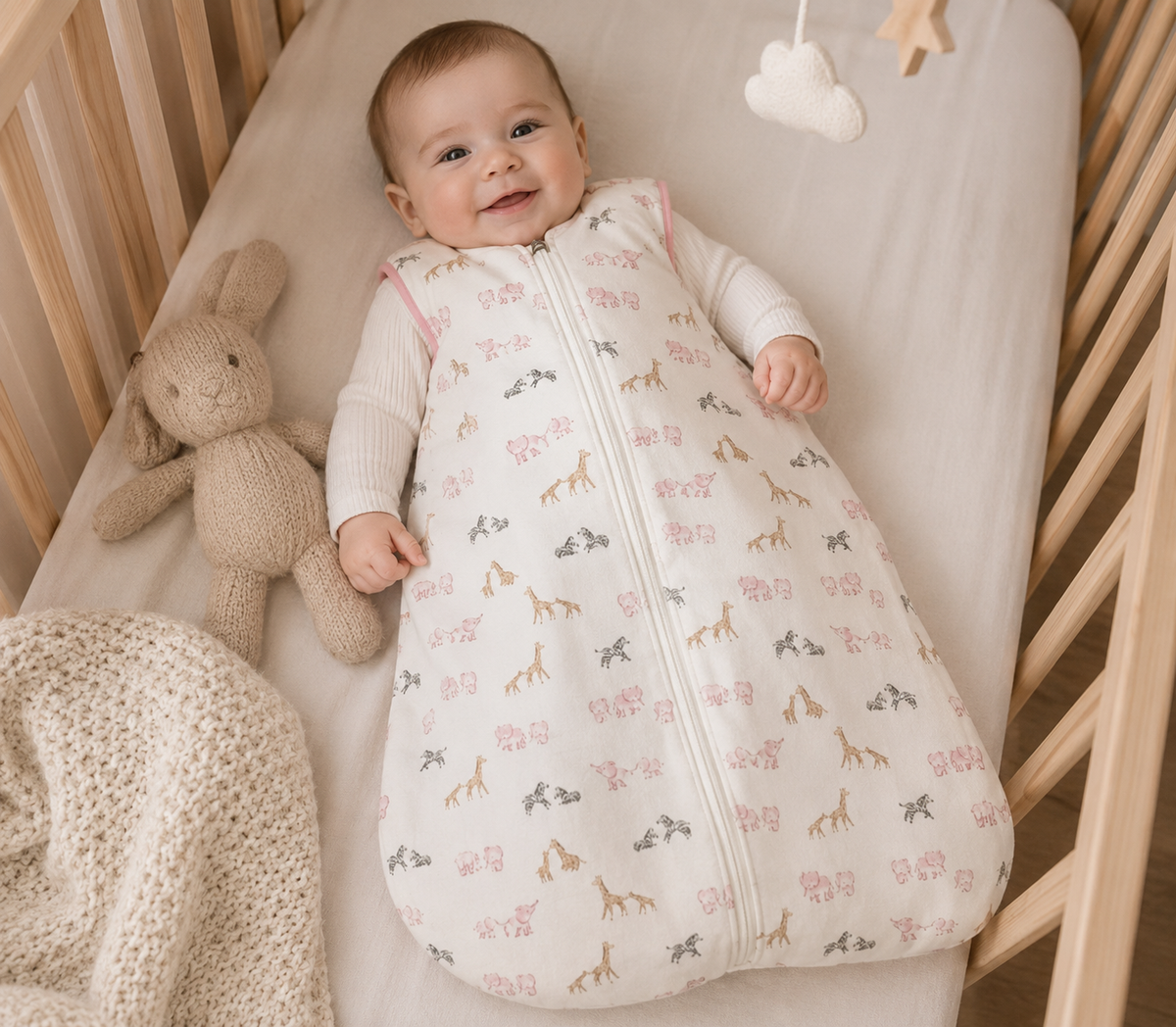 Baby girl, approximately 5–8 months, lying in a natural wood slatted cot on a cream fitted sheet; wearing the sleeping bag over a cream ribbed long-sleeve bodysuit; full safari print, rose pink collar lining, centre zip and A-line silhouette all clearly visible in context; knitted bunny toy beside her; chunky cream knit blanket in corner; white cloud and wooden star mobile above; minimal natural nursery setting.