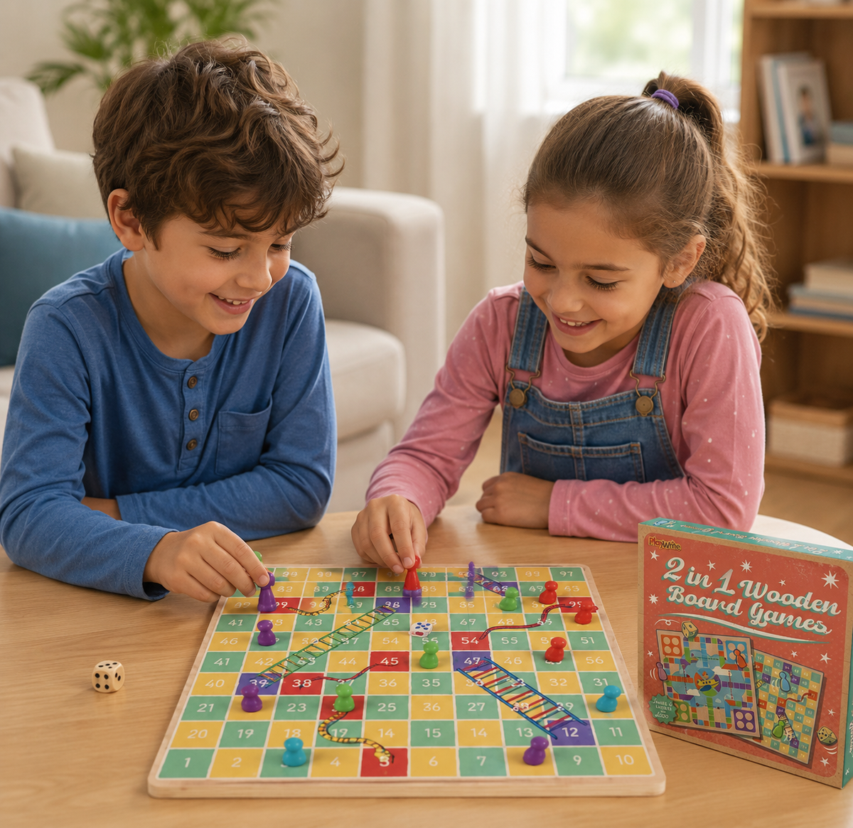 Two smiling children playing Playwrite 2 in 1 Wooden Board Game Snakes and Ladders on a wooden table in a bright living room; boy in blue top moves a red playing piece while girl in pink top and denim dungarees watches; coloured playing pieces and dice on the board; Playwrite retail box visible to the right
