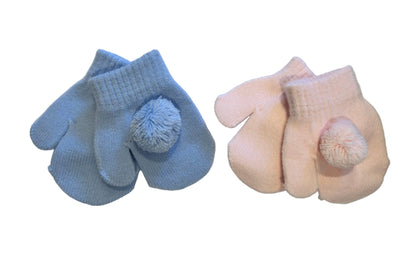 KNITTED BABY MITTENS WITH POMPOMS - BABY PINK