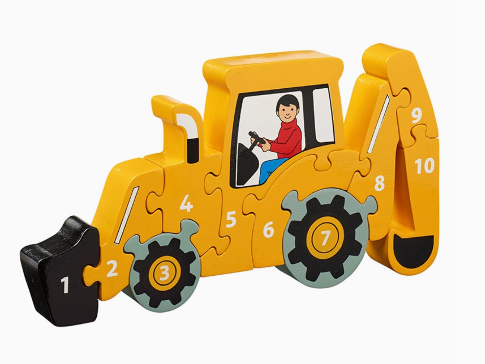 Yellow bulldozer-shaped puzzle with numbered pieces on a white background DIGGER 1-10 PUZZLE - HANDMADE & FAIR TRADE | LANKA KADE