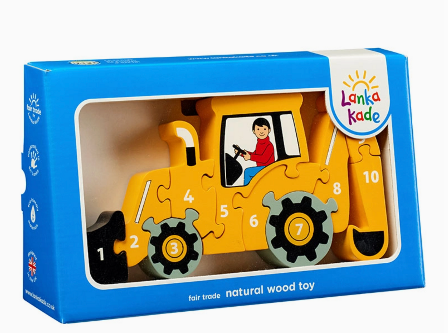 Yellow bulldozer-shaped puzzle in a blue box with Lanka Kade branding DIGGER 1-10 PUZZLE - HANDMADE & FAIR TRADE | LANKA KADE