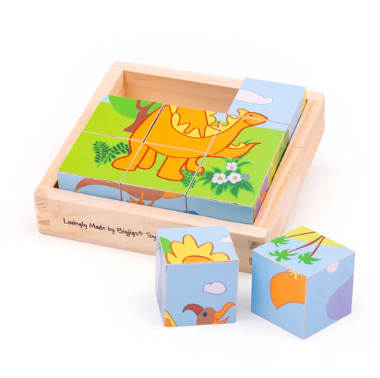 Wooden dinosaur puzzle with pieces. DINOSUAR CHUNKY WOODEN CUBE PUZZLE | BIGJIGS