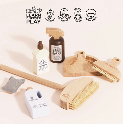Set of wooden cleaning tools and bottles with branding on a light background ECO-FRIENDLY WOODEN TOY CLEANING SET | LE TOY VAN