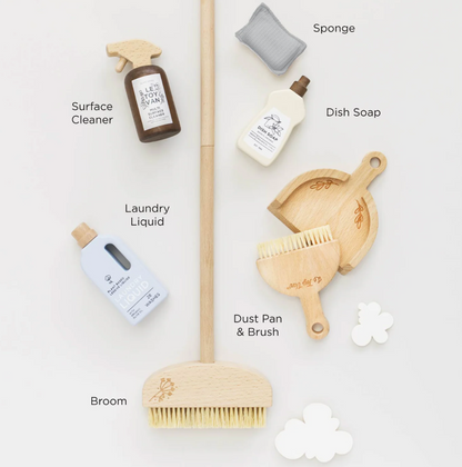 Cleaning supplies including a broom, surface cleaner, dish soap, laundry liquid, and dust pan on a white background. ECO-FRIENDLY WOODEN TOY CLEANING SET | LE TOY VAN