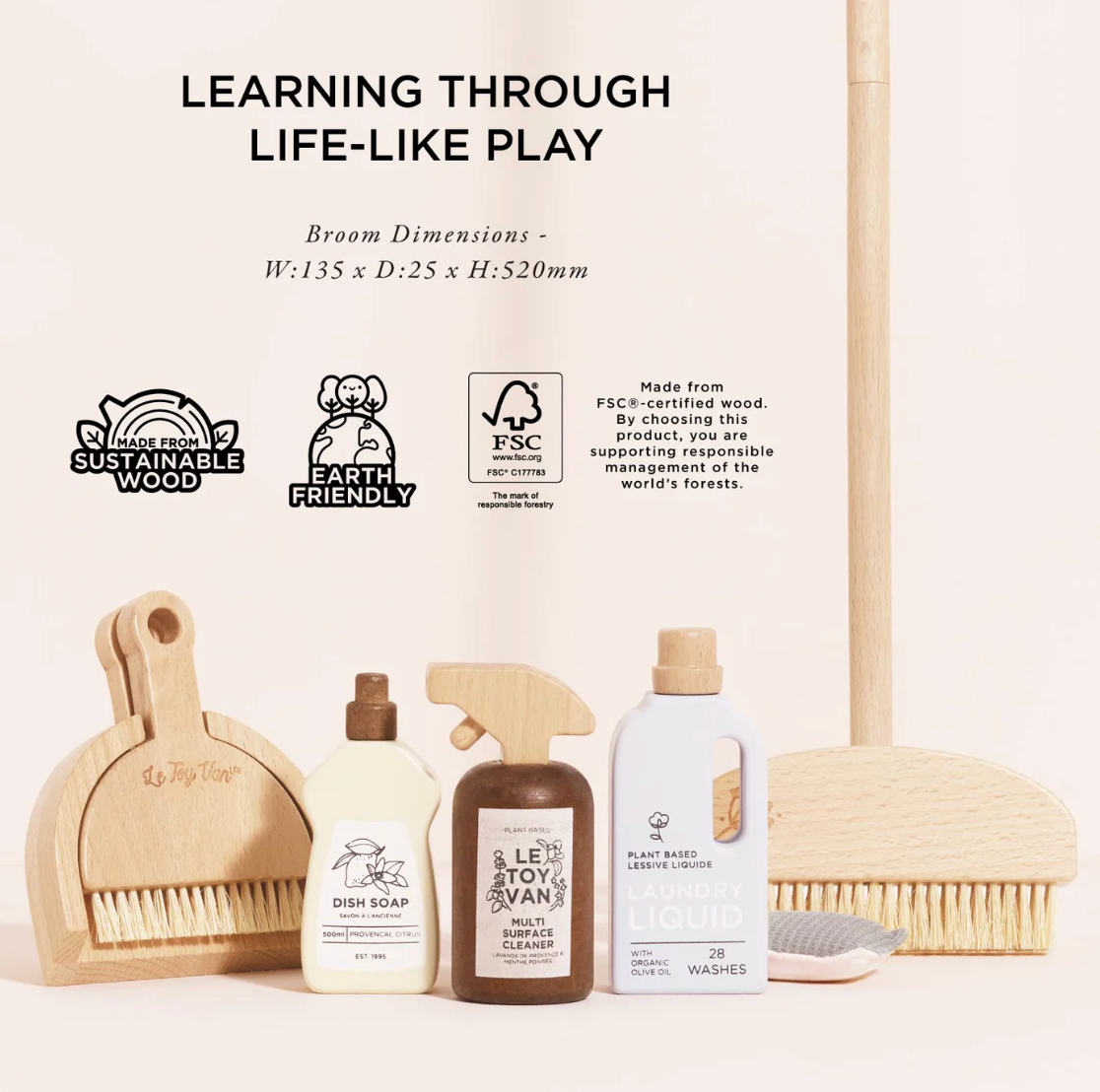Set of wooden cleaning tools and cleaning products with labels on a white background ECO-FRIENDLY WOODEN TOY CLEANING SET | LE TOY VAN