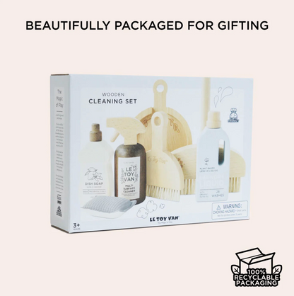 Le Toy Van wooden cleaning set packaging on a white background with 'Beautifully Packaged for Gifting' text. ECO-FRIENDLY WOODEN TOY CLEANING SET | LE TOY VAN