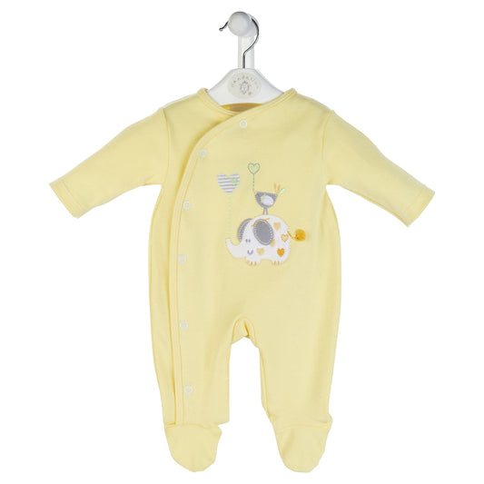 A yellow cotton sleepsuit for babies with an elephant and bird with a balloon print, displayed on a hanger. ELEPHANT & BIRD WITH BALLOON COTTON BABY SLEEPSUIT - LEMON YELLOW | DANDELION