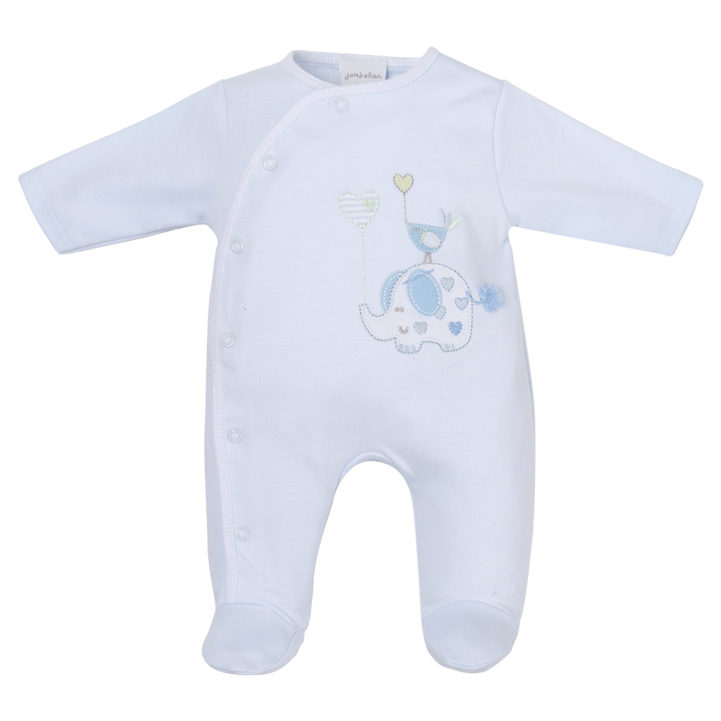 A yellow cotton sleepsuit for babies with an elephant and bird with a balloon print, displayed on a hanger. ELEPHANT & BIRD WITH BALLOON COTTON SLEEPSUIT - BABY BLUE | DANDELION