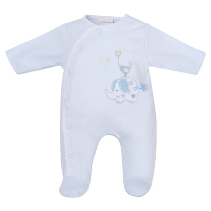 A yellow cotton sleepsuit for babies with an elephant and bird with a balloon print, displayed on a hanger. ELEPHANT & BIRD WITH BALLOON COTTON SLEEPSUIT - BABY BLUE | DANDELION